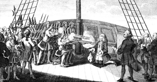 The shooting of Admiral Byng on board the 'Monarque', 1757. Artist: Unknown