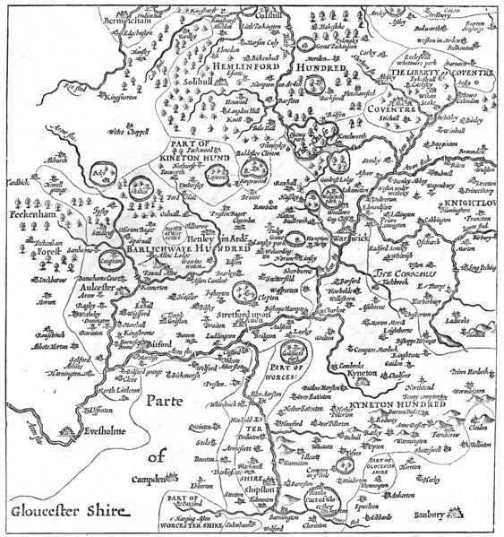A map of Stratford-upon-Avon and its surrounding areas, 1610 (1885).Artist: Edward Hull