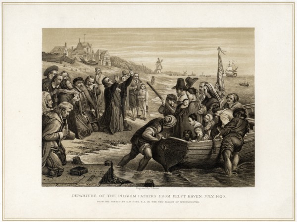 'Departure of the Pilgrim Fathers from Delft Haven, July 1620', (19th century).Artist: T Bauer