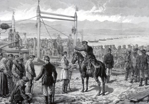 Russian convicts under military escort waiting to be ferried across the river Yenisei, Siberia, 1882 Artist: Unknown