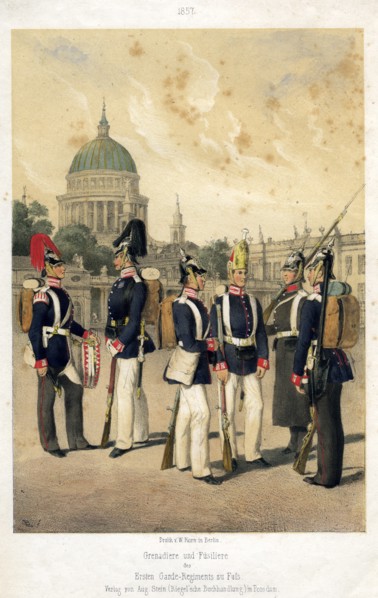 Grenadiers and fusiliers of the Prussian army, 1857.Artist: W Korn