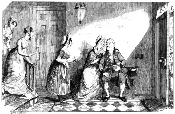 A number of women attend to a poorly man, 19th century.Artist: George Cruikshank
