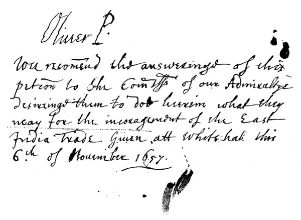 Autograph note of Oliver Cromwell to a petition of the East India Company, November 1657, (1893). Artist: Unknown