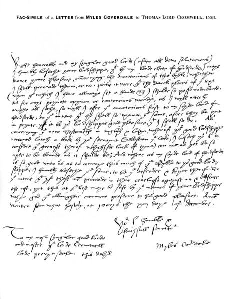 A letter from Miles Coverdale, Bishop of Exeter, to Thomas Lord Cromwell, 1538, (1840).Artist: Miles Coverdale