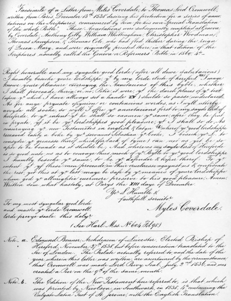 A letter from Miles Coverdale, Bishop of Exeter, to Thomas Lord Cromwell, 1538, (1840).Artist: Miles Coverdale
