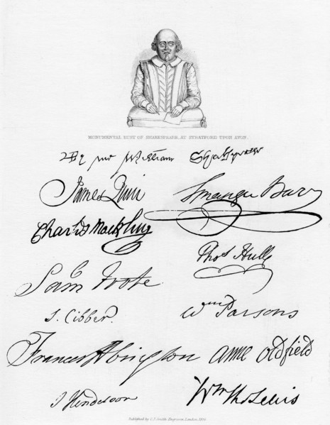 Bust of Shakespeare and signatures of celebrated actors, (1840). Artist: Unknown