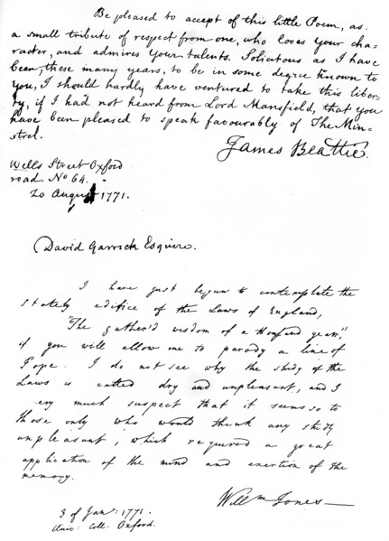 Letters from Dr Beattie to David Garrick and from Sir William Jones, 1771, (1840). Artist: James Beattie