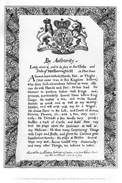 Calligraphic exhibition bill of Matthew Buchinger, 'Dwarf of Nurnburg', 1717, (1840). Artist: Matthew Buchinger