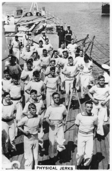 Physical jerks; exercise on board HMS 'Devonshire', 1937. Artist: Unknown