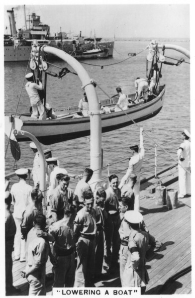 Lowering a boat, HMS 'Devonshire', 1937. Artist: Unknown