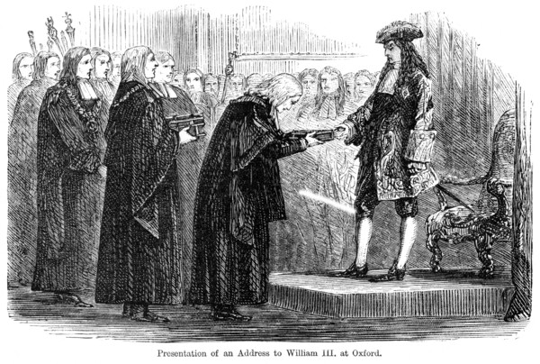 Presentation of an address to William III at Oxford. Artist: Unknown