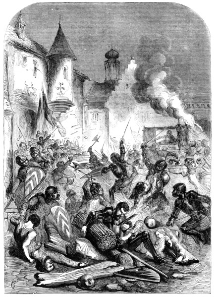 Combat between English and French knights in a square at Limoges. Artist: Unknown