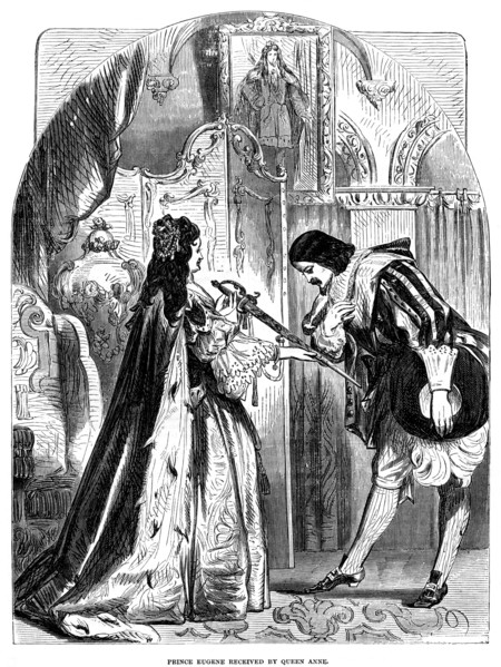 Queen Anne (1665-1714) receiving Prince Eugene (1663-1736) of Austria. Artist: Unknown