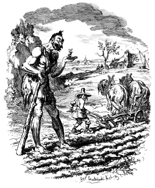 A giant stands in a field as a farmer ploughs, 19th century.Artist: George Cruikshank