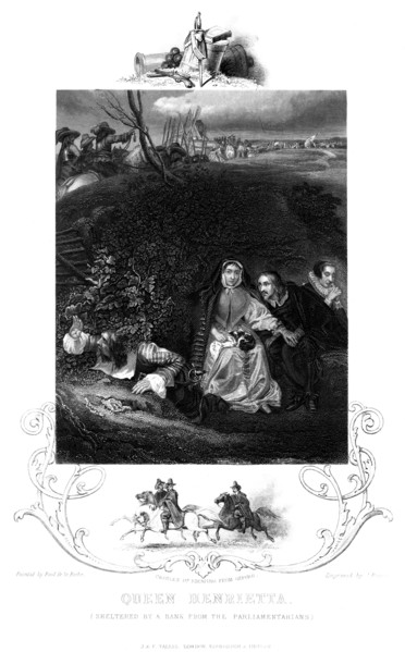 Queen Henrietta (1609-1669) sheltered by a bank from the parliamentarians, 19th century. Creator: J Rogers.