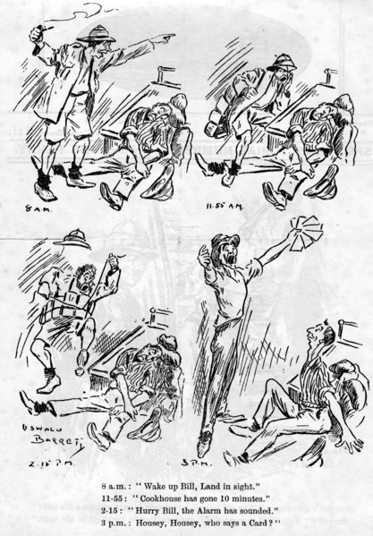 Cartoon from the ship board paper The Comet, troopship 'RMS Caronia', 1916-1917. Artist: Barret