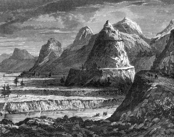 Terraces of the Fraser River, British Columbia, Canada, 19th century.Artist: Bellel