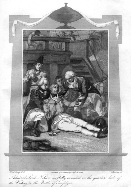 Admiral Nelson lying mortally wounded on the quarter deck of HMS 'Victory', 1816.Artist: I Brown