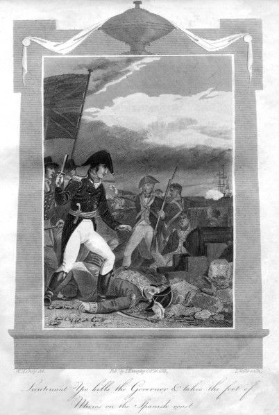Lieutenant Yeo kills the governor and takes the fort of Muros on the Spanish coast, 1816. Artist: T Wallis