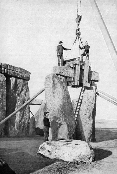 Lifting of an impost at Stonehenge, 1901, (c1920). Artist: Unknown