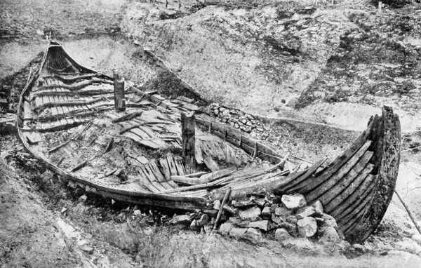 Stern view of the Oseberg Viking ship after months of excavation, Norway, c1904-1905. Artist: Unknown