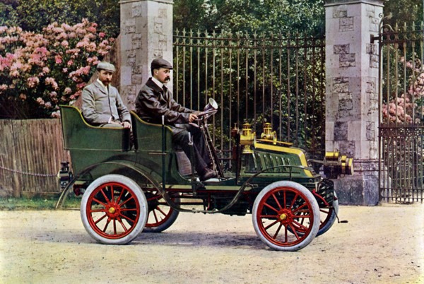 Two Edwardian gentlemen sitting in a motor car, 1902-1903. Artist: John Swan & Son