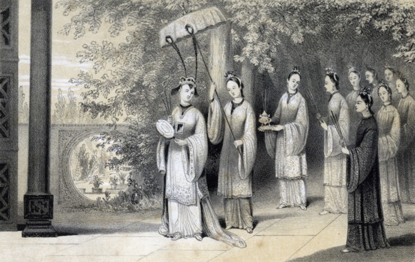 'The empress and her attendants proceeding to the temple from the mulberry grove', 1847.Artist: JW Giles