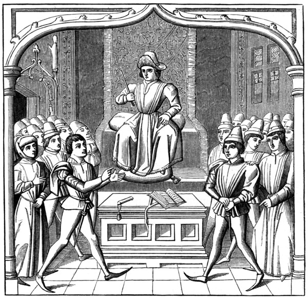 The Judicial Duel, the plaintiff opening his case before the judge, 15th century (1849). Artist: Unknown