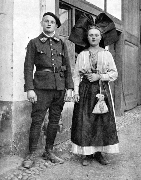 Couple in traditional dress, Alsace-Lorraine, Rhine, 1936.Artist: Donald McLeish