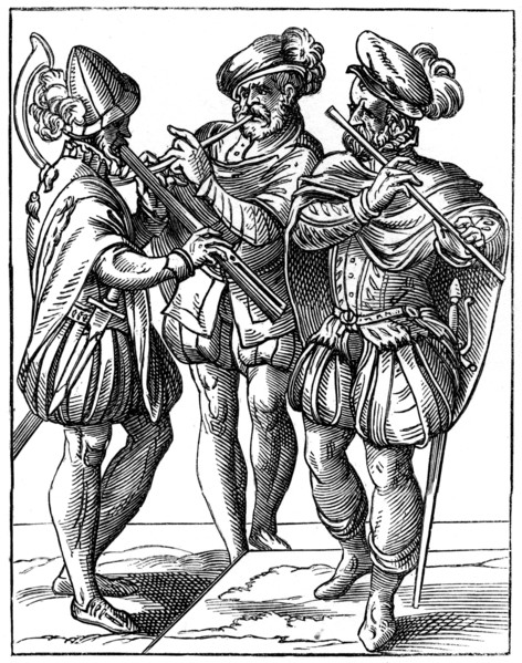 Flute and cornetto players, 16th century (1849).Artist: Jost Amman