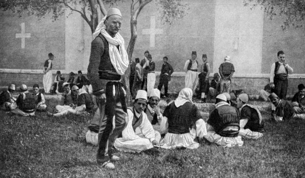 A meeting of Mirdite mountaineers and their town kinsmen outside a Scutari cathedral, Turkey, 1922. Artist: Unknown