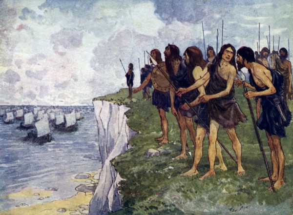 Britons awaiting the imminent arrival of viking ships, c16th century. Artist: Unknown