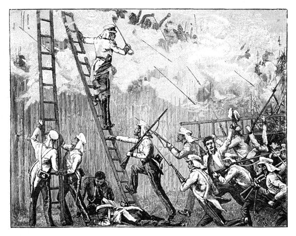 'Major Fraser's storming party carrying the stockade in front of Rangoon', 19th century. Artist: Unknown