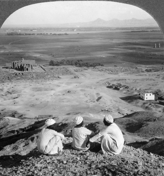 'Across the plain of Thebes and past the Memnon statues from the cliffs, Egypt', 1905.Artist: Underwood & Underwood