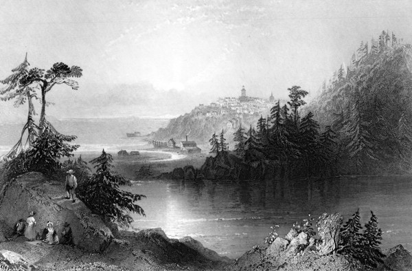 Lily Lake, with the town of St John on an outcrop beyond, Canada, 19th century.Artist: R Brandard