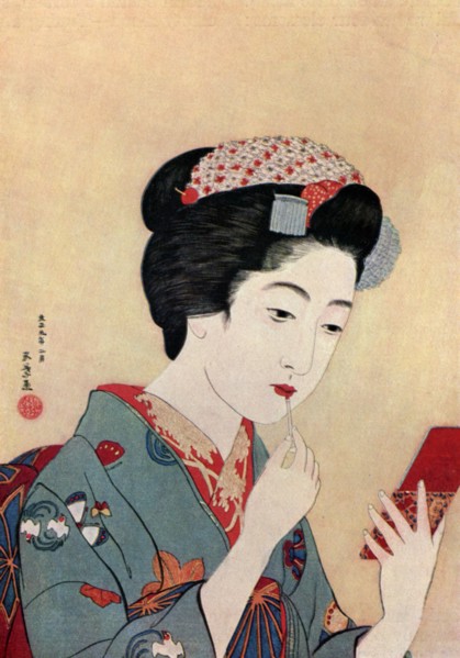 A Japanese woman using a beni brush to paint her lips, 1920 (1930).Artist: Hashiguchi Goyo
