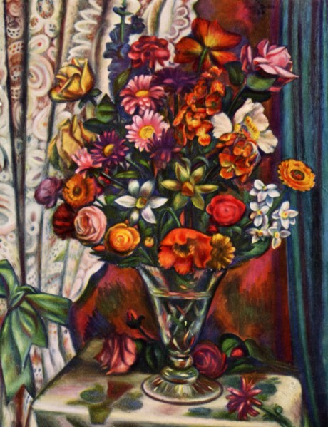 Still life of flowers in a silver vase, 1930.Artist: Mark Gertler