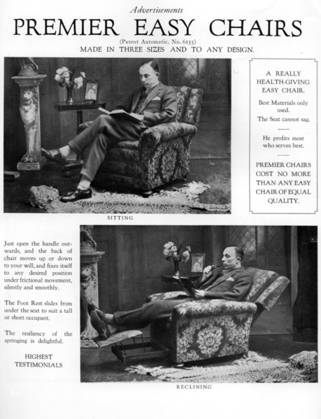 An advertisement for 'Premier' easy chairs, 1926. Artist: Unknown