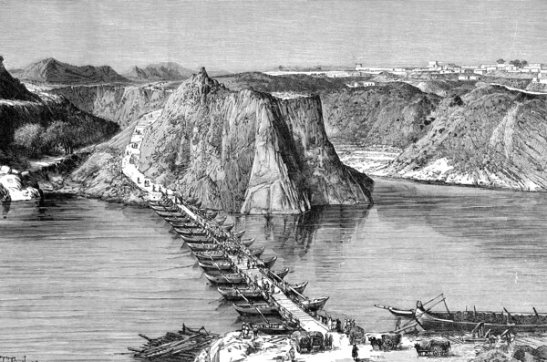 Bridge of boats over the Indus at Khushalgarh, Pakistan, 1895. Artist: Unknown