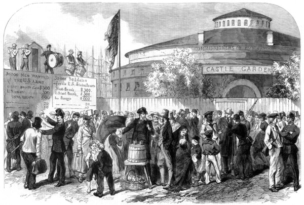 Enlisting Irish and German emigrants on the Battery, New York, USA, 1864. Creator: Mason Jackson.