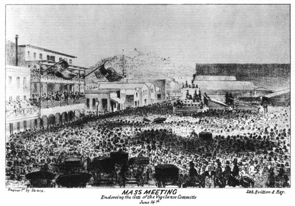 A mass meeting outside Fort Vigilant, Sacramento, California, 1856 (1937).Artist: Britton & Rey
