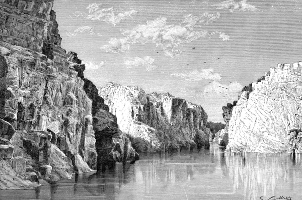 The gorge of the Marble Rocks, India, 1895.Artist: Charles Barbant
