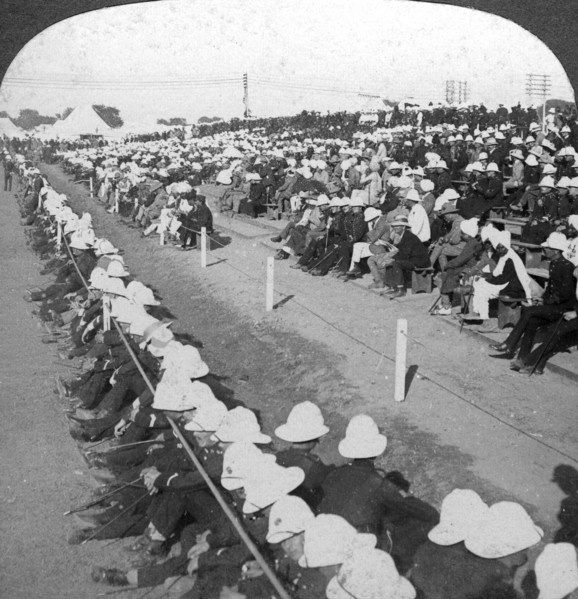 Watching a football match between the Lancashire Fusiliers and Border regiments, Delhi, 1910s.Artist: HD Girdwood