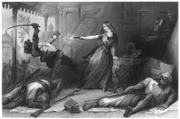 'Miss Wheeler defending herself against the Sepoys at Cawnpore', 1857, (c1860). Artist: Unknown