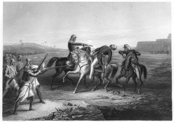 Colonel Platt killed by the mutineers at Mhow, c1860. Artist: Unknown