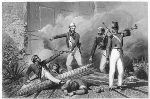'Blowing up of the Cashmere Gate at Delhi', 1857, (c1860). Artist: Unknown
