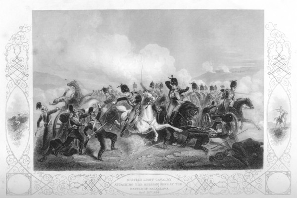 Light cavalry attacking the Russian guns at Balaclava during the Crimean War, 1854 (1857).Artist: W Hulland