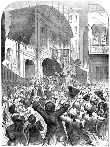 The Prince of Wales drinking success to the war at Temple Bar, London, 18th century, (19th century). Artist: Unknown