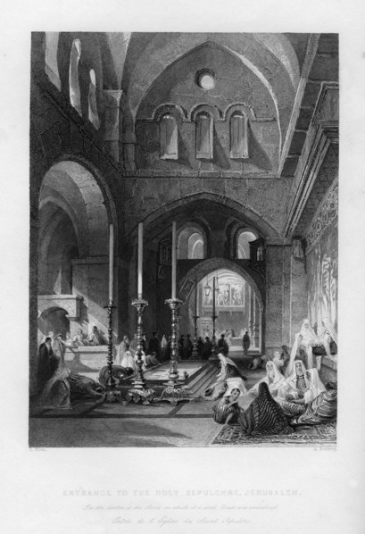 The entrance to the Holy Sepulchre, Jerusalem, Israel, 1841.Artist: J Redaway