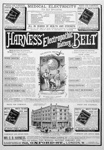 Harness Electropathic Battery Belt advert, 1893. Artist: Unknown